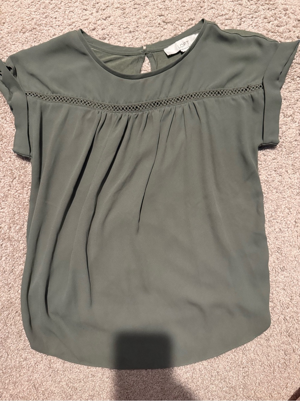 LOFT Olive Green Short Sleeve Yoke Pleat Blouse